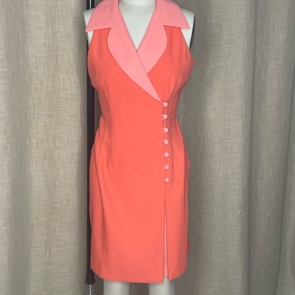 Vintage-Style Colorblock Sleeveless Halter Dress – Coral & Pink Wrap